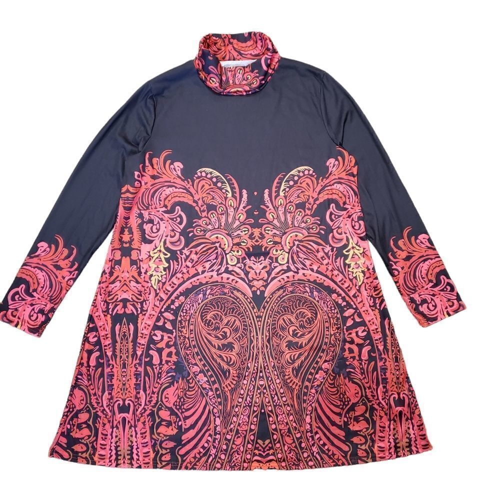 Turtle Neck Black & Red Paisley Print Long Sleeve Jersey Shift Dress Sz XL